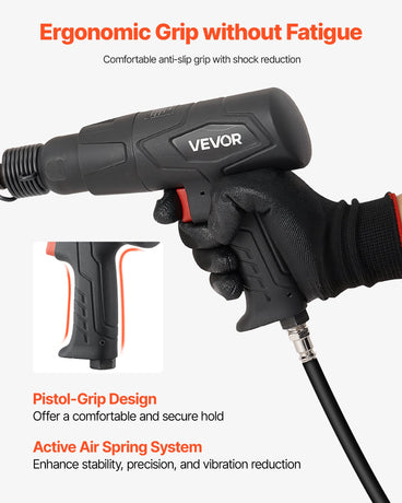 VEVOR Air Hammer, 2500-2700BPM Pneumatic Hammer with 70mm Stroke & 4PCS 170mm Long Barrel Chisels, Pistol-Grip Compact Air Chisel Pneumatic Shovel Tool for Cutting Scraping Demolishing
