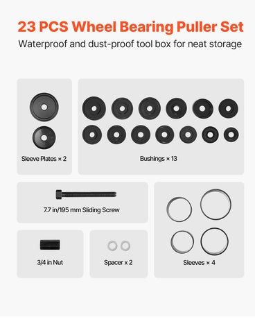 VEVOR Wheel Bearing Press Kit, 23 PCS FWD Bearing Puller Tools, for Front Wheel Drive Bearing Removal and Installation, Wheel Bearing Tool with Sliding Screw, Bushings, Sleeve Plates, Storage Case