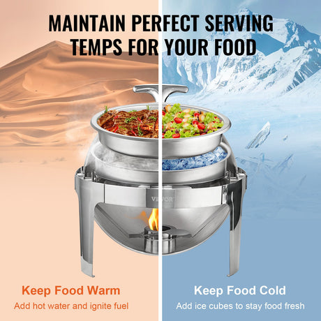 VEVOR Roll Top Chafing Dish Buffet Set, 5.5L 2 Pack, Stainless Steel Chafer with 2 Full Size Pans, Round Catering Warmer Server with Lid Water Pan Stand Fuel Holder, for at Least 5 People Each