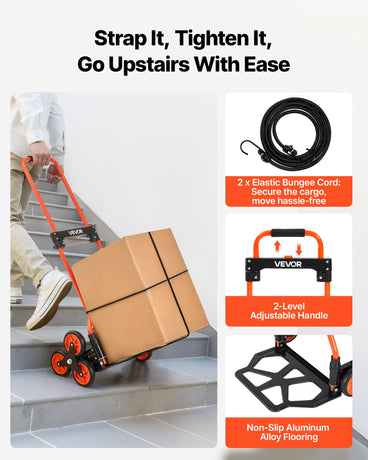 VEVOR Stair Climbing Cart, 54 kg Stair-Climbing Capacity, Portable Folding Trolley Cart with Telescoping Handle, 6 Wheels and 2 Bungee Cords, Stair Climber Dolly for Home, Groceries, Warehouse