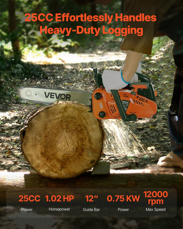 VEVOR 25 cc Gas Chainsaw, 305 mm Gas Powered Chainsaw, 0.75 kW Power Chain Saw with Non-Slip Handle, Gas-Powered Chainsaws with Dual Fuel Tanks, For Wood Cutting, Tree Trimming, and Land Clearing