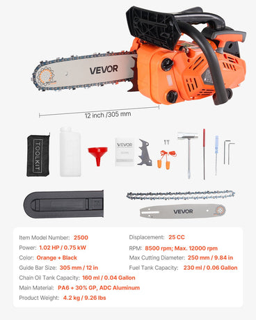 VEVOR 25 cc Gas Chainsaw, 305 mm Gas Powered Chainsaw, 0.75 kW Power Chain Saw with Non-Slip Handle, Gas-Powered Chainsaws with Dual Fuel Tanks, For Wood Cutting, Tree Trimming, and Land Clearing