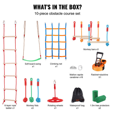 Ninja Warrior Obstacle Course for Kids, 15.24 m Weatherproof Slacklines, 500lbs Weight Capacity Monkey Line, Outdoor Playset Equipment, Backyard Toys Training Equipment Set with 10 Obstacles