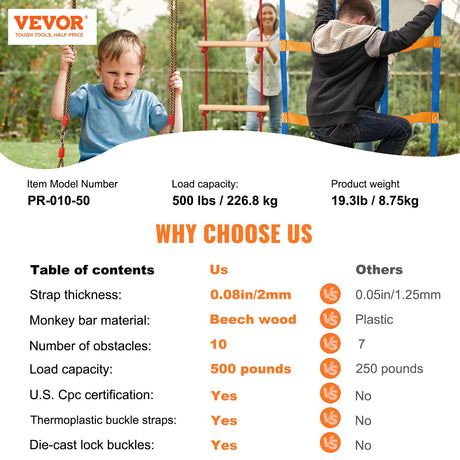 Ninja Warrior Obstacle Course for Kids, 15.24 m Weatherproof Slacklines, 500lbs Weight Capacity Monkey Line, Outdoor Playset Equipment, Backyard Toys Training Equipment Set with 10 Obstacles