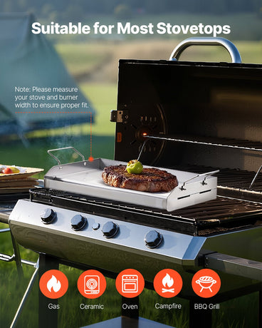 VEVOR Stainless Steel Griddle, 17x13 inch Universal Flat Top Rectangular Plate, Gas Grill Griddle for BBQ Grill, Teppanyaki, Portable Family Cookware with Handle, for Camping Tailgating Party