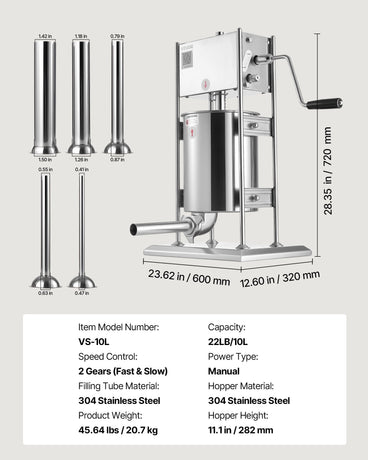 VEVOR Manual Sausage Stuffer, 22 LBS / 10 L Vertical Meat Stuffer, Dual-Speed Sausage Casing Meat Filling Machine, Stainless Steel Heavy Duty Filler with 5 Stuffing Tubes, for Commercial & Home Use
