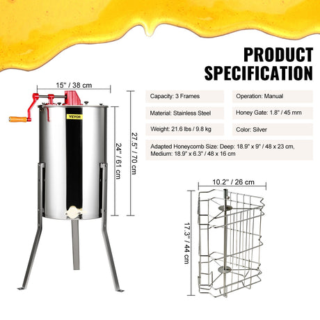 VEVOR Manual Honey Extractor, 3 Frames Honey Spinner Extractor, Stainless Steel Beekeeping Extraction, Honeycomb Drum Spinner with Lid, Apiary Centrifuge Equipment with Height Adjustable Stand