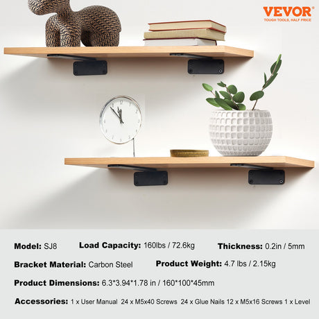 VEVOR Shelf Bracket, 16cmL x 10cmW x 4.5cmH 6 Pcs, Heavy Duty Floating Shelf Brackets, Brackets for Shelves, 5mm Thick Matte Black L Shelf Bracket,Steel Shelving Brackets with 72.6 kg Load Capacity