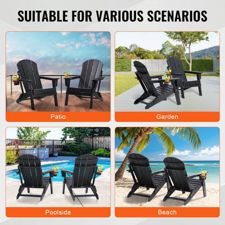 Adirondack Chair Plastic, Set of 2 All-Weather Portable Folding Fire Pit Chair, Outdoor Adirondack Patio Chair with Cup Holder, with Relaxing Arm Rest Ergonomic, for Garden, Backyard - Black