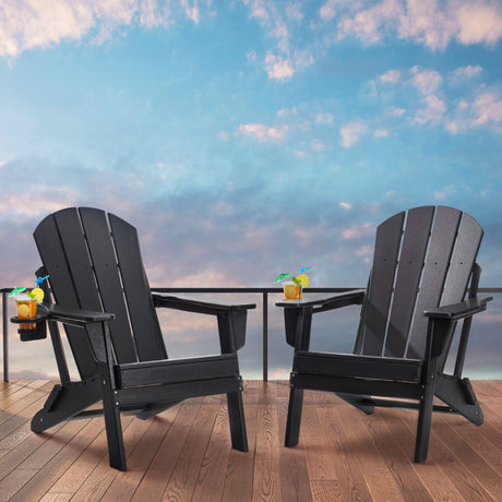 Adirondack Chair Plastic, Set of 2 All-Weather Portable Folding Fire Pit Chair, Outdoor Adirondack Patio Chair with Cup Holder, with Relaxing Arm Rest Ergonomic, for Garden, Backyard - Black