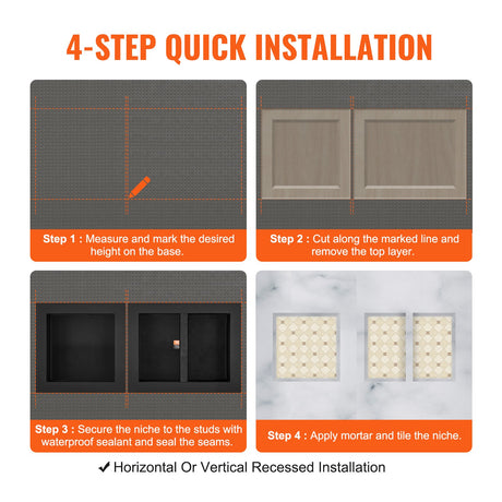 VEVOR Shower Niche Ready for Tile 40.64x40.64cm & 40.64x50.8cm, Triple Shelf, Square Corners Wall-inserted Niche Recessed, Sealed Protection Modern Soap Storage Niche for Shower Bathroom, Black