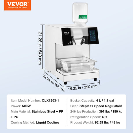 Commercial Snowflake Ice Machine, 397LBS/24H Snowflake Ice Maker, Stainless Steel Ice Shaver Machine, Electric Snow Cone Maker, Liquid Cooling System for Rapid Heat Dissipation, Ice Cream