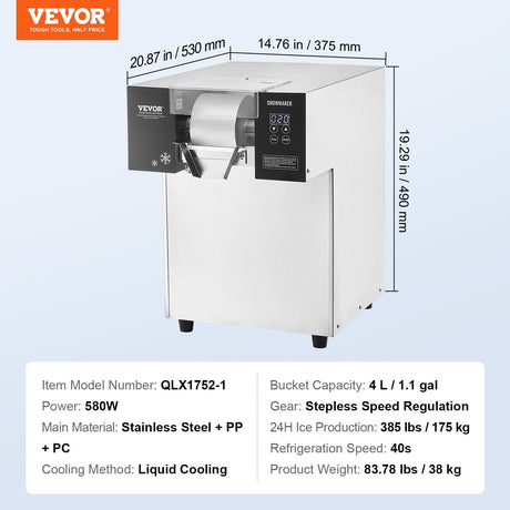 Commercial Snowflake Ice Machine, 385LBS/24H Snowflake Ice Maker, Stainless Steel Ice Shaver Machine, Electric Snow Cone Maker, Liquid Cooling System for Rapid Heat Dissipation, Ice Cream