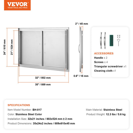 VEVOR BBQ Access Door, 889x610 mm Double Outdoor Kitchen Door, Stainless Steel Flush Mount Door, Wall Vertical Door with Handles, for BBQ Island, Grilling Station, Outside Cabinet
