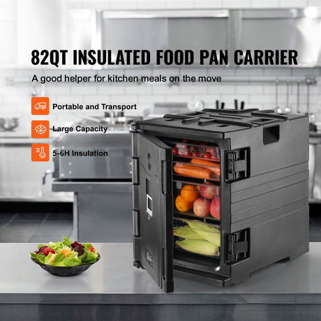 Insulated Food Pan Carrier, 82 Qt Hot Box for Catering, LLDPE Food Box Carrier w/ Double Buckles, Front Loading Food Warmer w/ Handles, Stackable End Loader for Restaurant, Canteen, etc. Black
