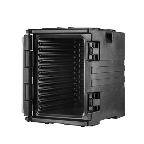 Insulated Food Pan Carrier, 82 Qt Hot Box for Catering, LLDPE Food Box Carrier w/ Double Buckles, Front Loading Food Warmer w/ Handles, Stackable End Loader for Restaurant, Canteen, etc. Black