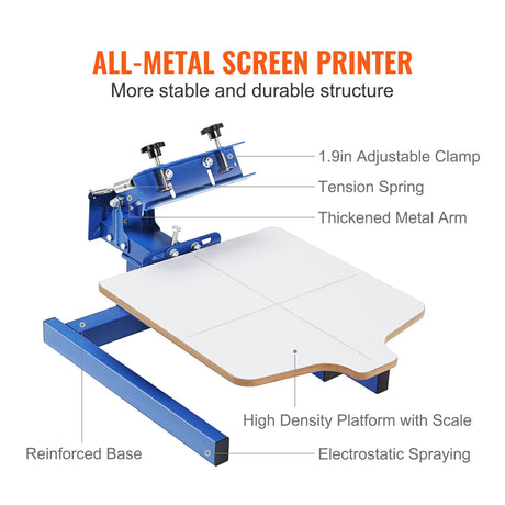 VEVOR Screen Printing Machine, 1 Color 1 Station Silk Screen Printing Press, 21.2x17.7in / 54x45cm Screen Printing Press, Double-layer Positioning Pallet, Adjustable Tension for T-shirt DIY Printing
