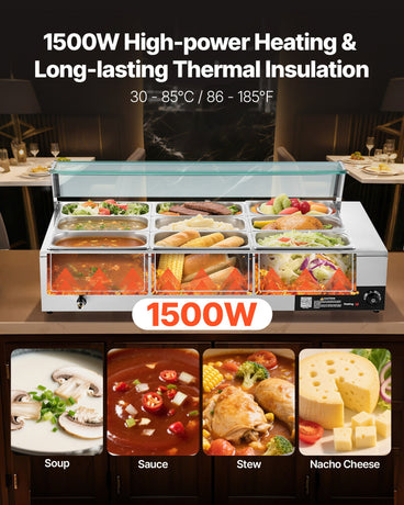 Commercial Food Warmer, 1500W Electric Stainless Steel Steam Food Warmer with Glass Cover, 9-Pan Countertop Buffet Bain Marie with Soup & Perforated Ladles, for Catering, Restaurant & Party