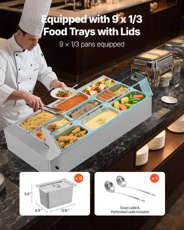 Commercial Food Warmer, 1500W Electric Stainless Steel Steam Food Warmer with Glass Cover, 9-Pan Countertop Buffet Bain Marie with Soup & Perforated Ladles, for Catering, Restaurant & Party