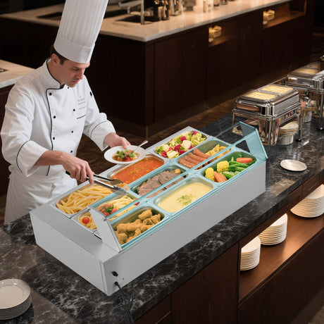 Commercial Food Warmer, 1500W Electric Stainless Steel Steam Food Warmer with Glass Cover, 9-Pan Countertop Buffet Bain Marie with Soup & Perforated Ladles, for Catering, Restaurant & Party