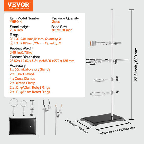 VEVOR Lab Stand Support, Laboratory Retort Support Stand 2 Sets, Steel Lab Stand 23.6