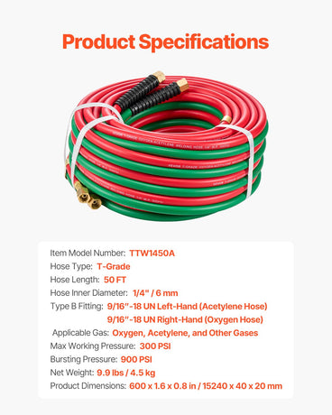 Oxygen Acetylene Hose 1/4-Inch x 50FT T Grade Hose 300PSI Max Working Pressure