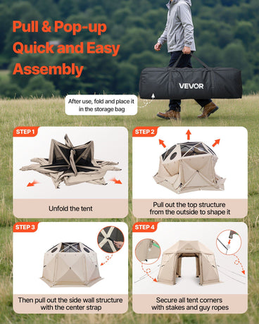 Pop up Gazebo Screen Tent, 3.6x3.6 m, 13-Sided Spherical Camping Canopy Tent with Removable Top & Carry Bag, Quick-Set & Bite-Proof, Screen House Sun Shelter for 8-10 Persons, Beige
