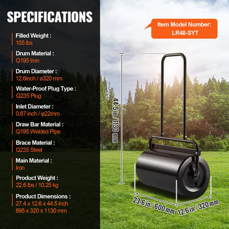 VEVOR Lawn Roller, 13 Gallon 24Inch Sand/Water Filled Yard Roller, Steel Sod Roller with Easy-turn Plug and U-Shaped Ergonomic Handle for Convenient Push and Pull, for Lawn, Garden, Farm, Park, Black