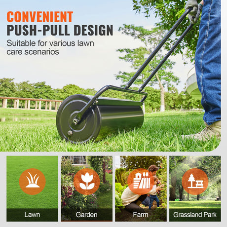 VEVOR Lawn Roller, 17 Gallon 36 Inch Sand/Water Filled Yard Roller, Steel Sod Roller with Easy-turn Plug and U-Shaped Ergonomic Handle for Convenient Push and Pull, for Lawn, Garden, Farm, Park, Black