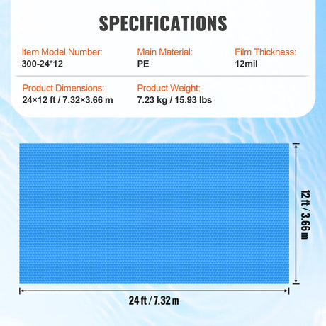 VEVOR Solar Pool Cover, 24 x 12 ft Rectangle Solar Blanket for Pools, Inground Above Ground Swimming Pool Solar Cover, 12 mil Solar Covers Blue