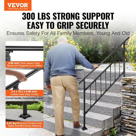 VEVOR Iron Handrail Stair Railing Hand Rail Kit 1-4 Steps Outdoor Black w/ Bars