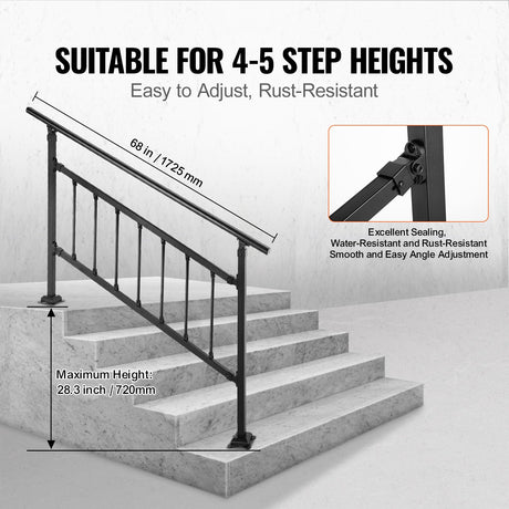 VEVOR Iron Handrail Stair Railing Hand Rail Kit 1-4 Steps Outdoor Black w/ Bars