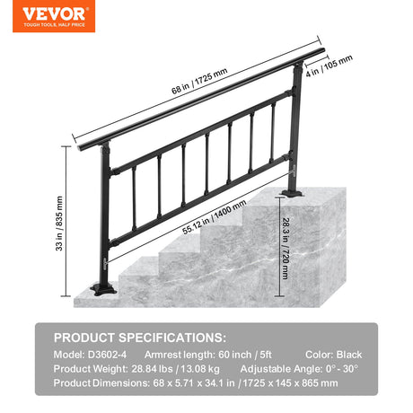 VEVOR Iron Handrail Stair Railing Hand Rail Kit 1-4 Steps Outdoor Black w/ Bars