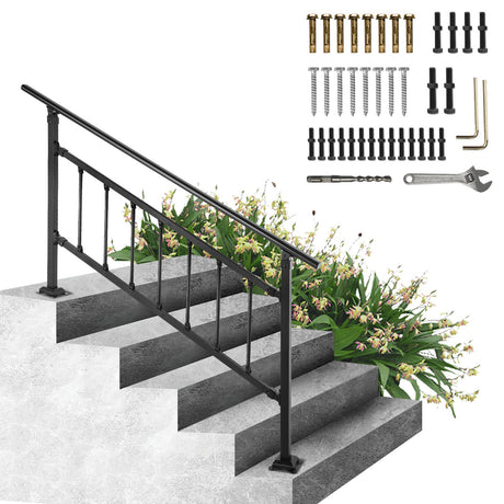 VEVOR Iron Handrail Stair Railing Hand Rail Kit 1-4 Steps Outdoor Black w/ Bars