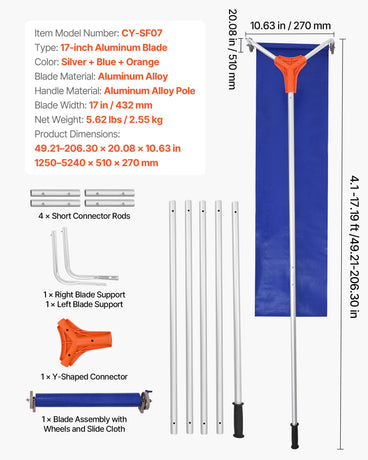 VEVOR Snow Roof Rake, 27cm Aluminum Blade, 1.25-5.24 m Adjustable Roof Snow Scraper with Wheels & Slide, Lightweight Snows Removal Tool for House Rooftop Leaves Debris Clearing