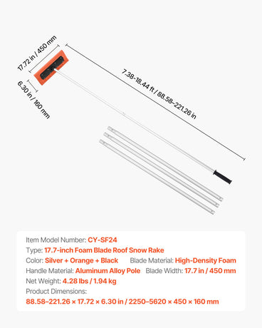 VEVOR Snow Roof Rake, 45cm Foam Blade, 2.25-5.62 m Adjustable Roof Snow Scraper, Extension Tubes & Non-Slip Handle, Lightweight Snows Removal Tool for House Leaves Debris Clearing