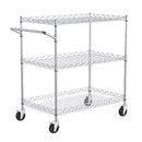 Kitchen Utility Cart, 3 Tiers, Wire Rolling Cart with 300kg Capacity, Steel Service Cart on Wheels, Metal Storage Trolley with 80mm Deep Basket Curved Handle 6 Hooks, for Indoor and Outdoor Use