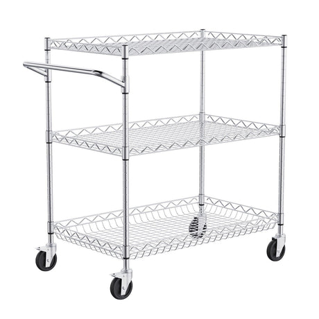 Kitchen Utility Cart, 3 Tiers, Wire Rolling Cart with 300kg Capacity, Steel Service Cart on Wheels, Metal Storage Trolley with 80mm Deep Basket Curved Handle 6 Hooks, for Indoor and Outdoor Use