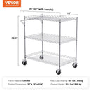 Kitchen Utility Cart, 3 Tiers, Wire Rolling Cart with 300kg Capacity, Steel Service Cart on Wheels, Metal Storage Trolley with 80mm Deep Basket Curved Handle 6 Hooks, for Indoor and Outdoor Use
