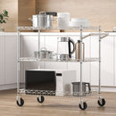 Kitchen Utility Cart, 3 Tiers, Wire Rolling Cart with 300kg Capacity, Steel Service Cart on Wheels, Metal Storage Trolley with 80mm Deep Basket Curved Handle 6 Hooks, for Indoor and Outdoor Use