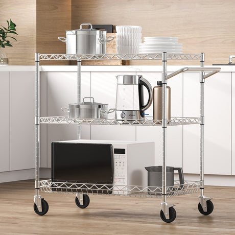 Kitchen Utility Cart, 3 Tiers, Wire Rolling Cart with 300kg Capacity, Steel Service Cart on Wheels, Metal Storage Trolley with 80mm Deep Basket Curved Handle 6 Hooks, for Indoor and Outdoor Use