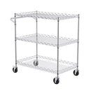 Kitchen Utility Cart, 3 Tiers, Wire Rolling Cart with 300kg Capacity, Steel Service Cart on Wheels, Metal Storage Trolley with 80mm Deep Basket Curved Handle 6 Hooks, for Indoor and Outdoor Use