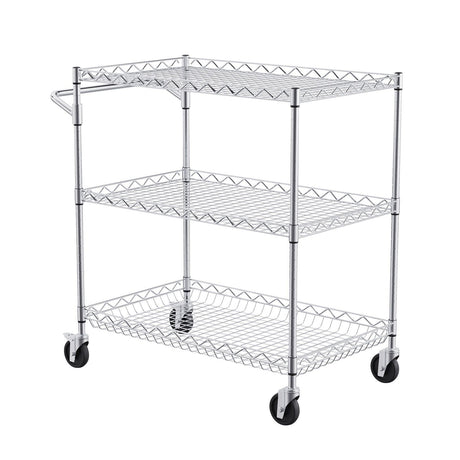 Kitchen Utility Cart, 3 Tiers, Wire Rolling Cart with 300kg Capacity, Steel Service Cart on Wheels, Metal Storage Trolley with 80mm Deep Basket Curved Handle 6 Hooks, for Indoor and Outdoor Use