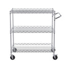 Kitchen Utility Cart, 3 Tiers, Wire Rolling Cart with 300kg Capacity, Steel Service Cart on Wheels, Metal Storage Trolley with 80mm Deep Basket Curved Handle 6 Hooks, for Indoor and Outdoor Use