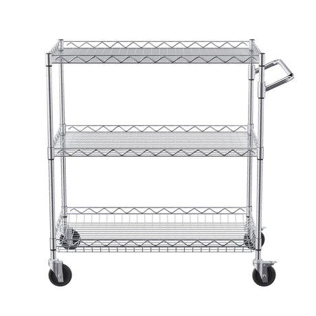 Kitchen Utility Cart, 3 Tiers, Wire Rolling Cart with 300kg Capacity, Steel Service Cart on Wheels, Metal Storage Trolley with 80mm Deep Basket Curved Handle 6 Hooks, for Indoor and Outdoor Use