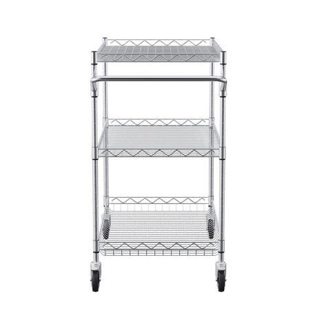 Kitchen Utility Cart, 3 Tiers, Wire Rolling Cart with 300kg Capacity, Steel Service Cart on Wheels, Metal Storage Trolley with 80mm Deep Basket Curved Handle 6 Hooks, for Indoor and Outdoor Use