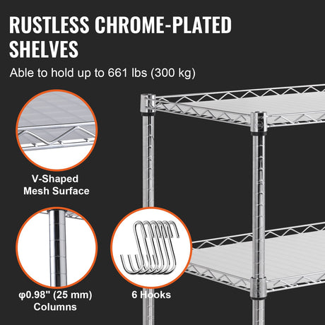 Kitchen Utility Cart, 3 Tiers, Wire Rolling Cart, Steel Service Cart on Wheels, Metal Storage Trolley with 80mm Basket Curved Handle PP Liner 6 Hooks, for Indoor and Outdoor