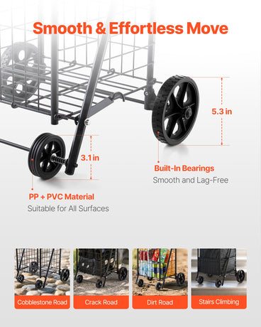 VEVOR Shopping Cart, Folding Grocery Utility Cart with Swivel Wheels, 40.8 kg Large Load Capacity, Heavy Duty Rolling Laundry Basket Butler for Laundry, Shopping, Camping, Grocery, Luggage, Black