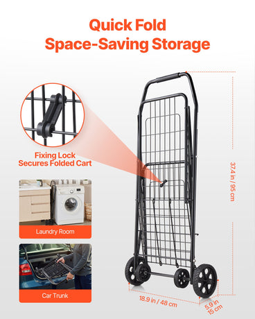 VEVOR Shopping Cart, Folding Grocery Utility Cart with Swivel Wheels, 40.8 kg Large Load Capacity, Heavy Duty Rolling Laundry Basket Butler for Laundry, Shopping, Camping, Grocery, Luggage, Black