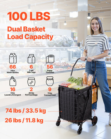 VEVOR Shopping Cart, Folding Grocery Utility Cart with Dual Baskets, Waterproof Liner & Wheels, 45 KG Large Load Capacity, Heavy Duty Laundry Basket for Laundry, Shopping, Camping, Grocery, Luggage